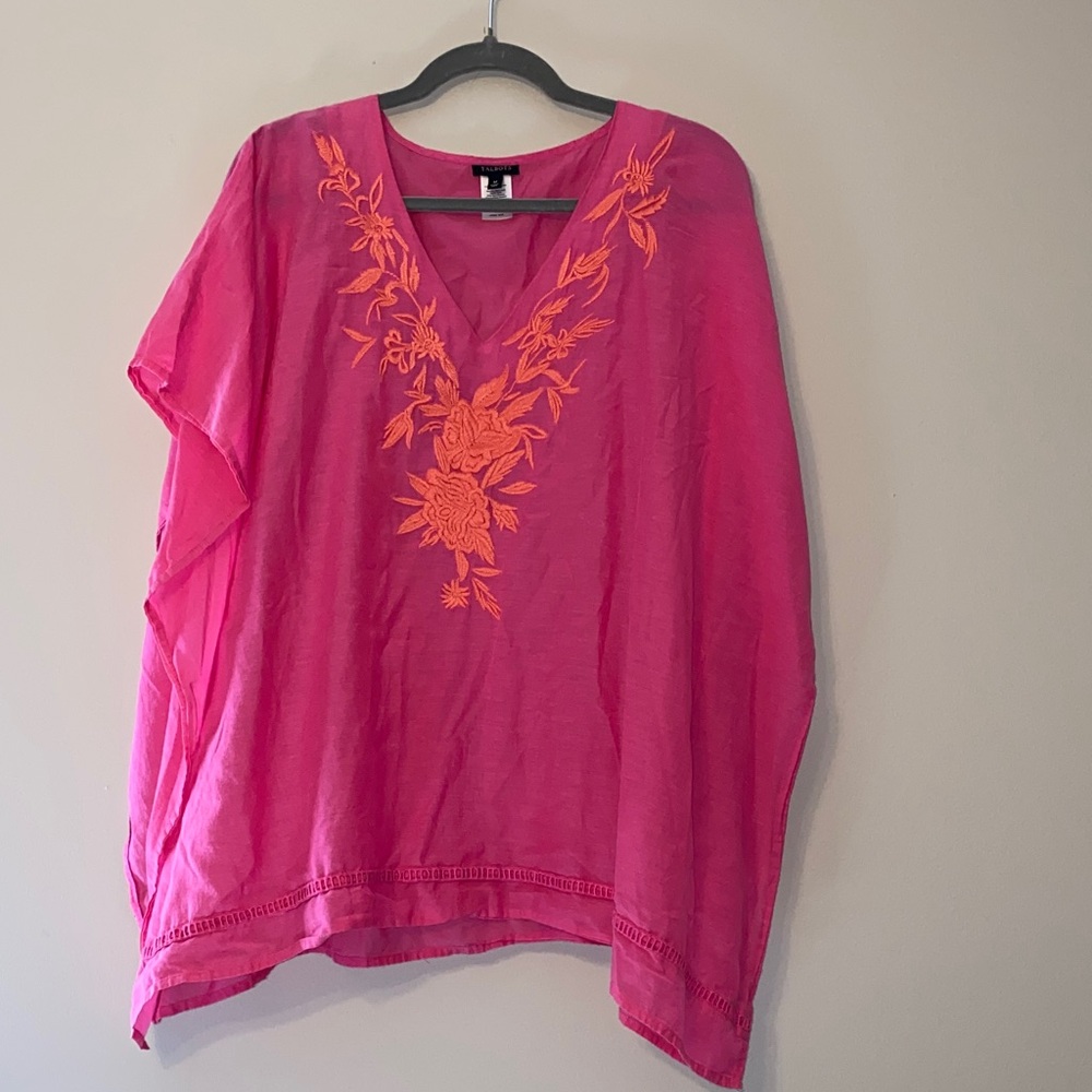 Talbots Women’s Pink Embroidered V-Neck Pancho Style Top Size Medium